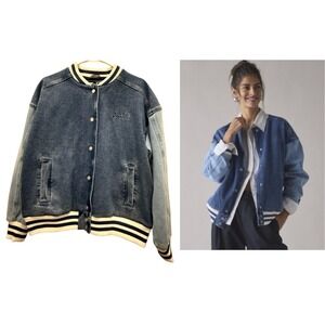 Starter Women's Medium NWT Denim Blue‎ Varsity Bomber Jacket Retro $160